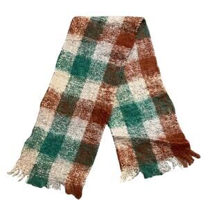 Vintage Robinson’s Mohair Wool Plaid Scarf Green Brown Cream Scotland NWT